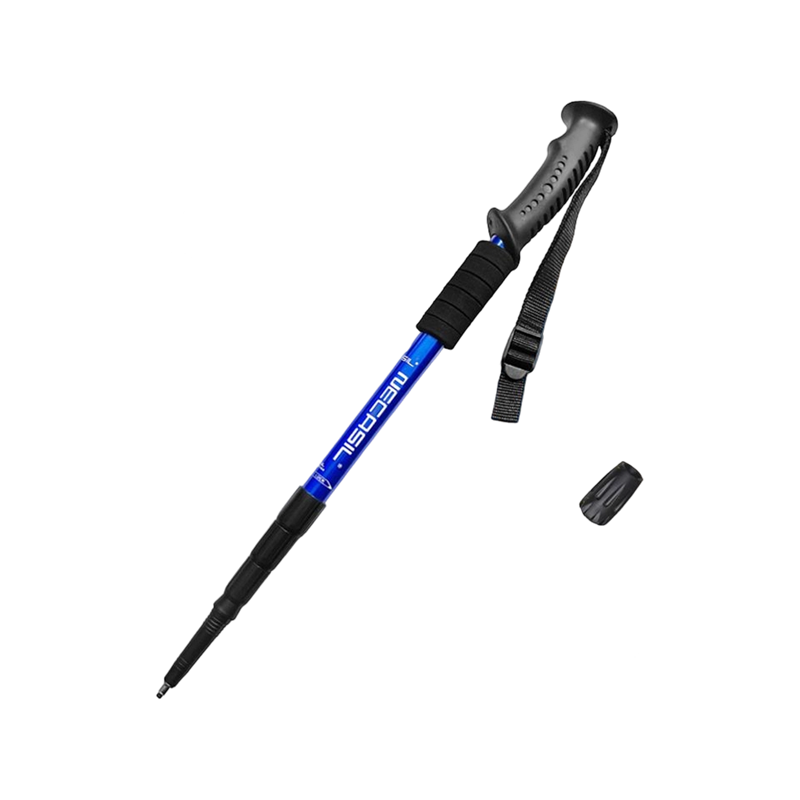 Tiang trekking pegangan lurus paduan aluminium yang sangat ringan dan terkunci secara internal dengan tali teleskopik dan peredam kejut.